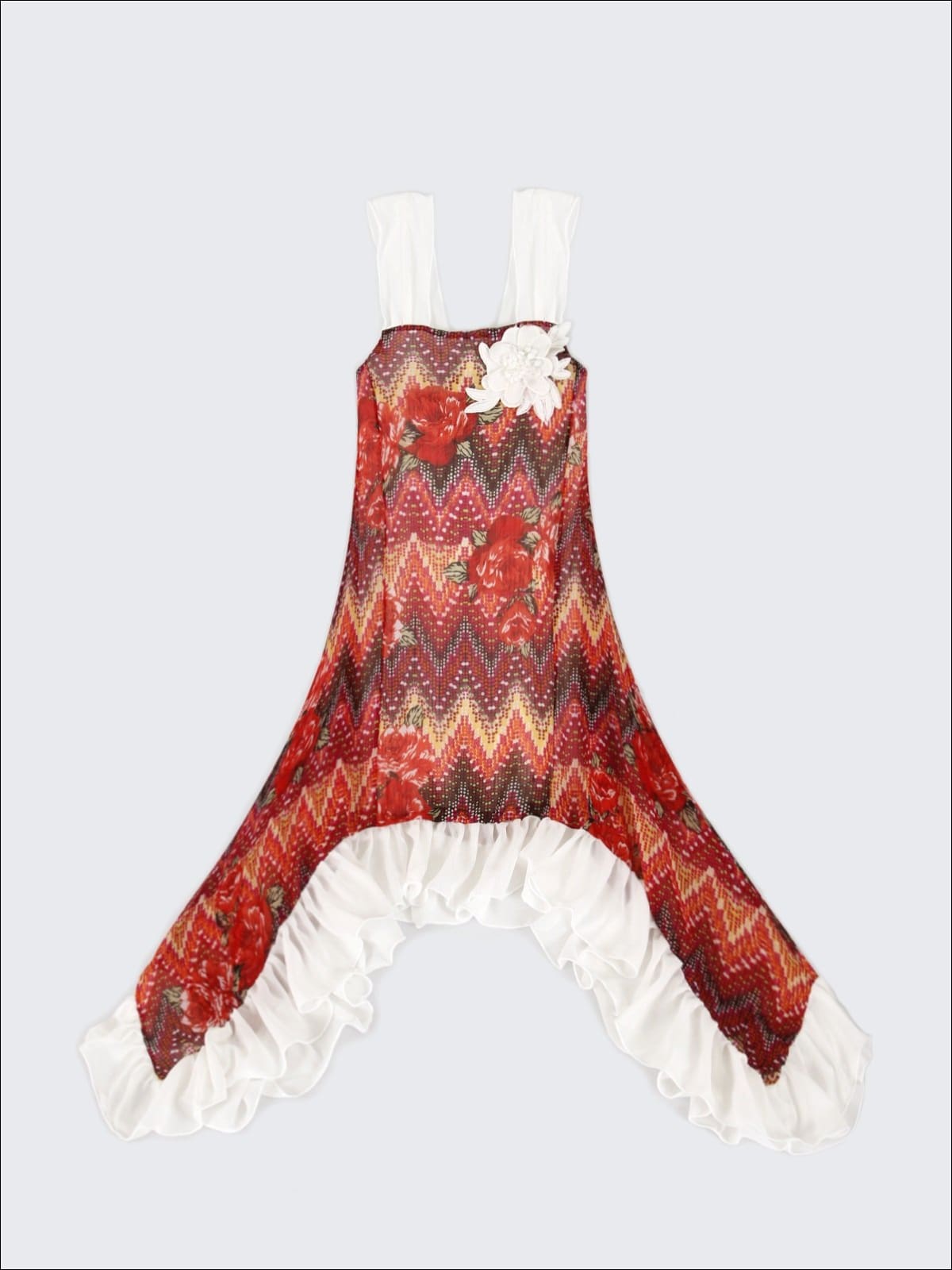 Girls Flower Trim Side Tail Ruffle Hem Dress - Red / 2T-3T - Girls Spring Dressy Dress