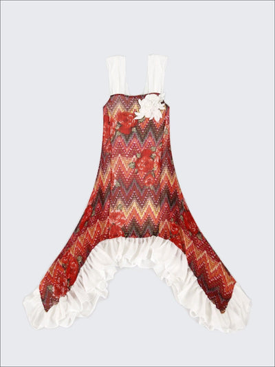 Girls Flower Trim Side Tail Ruffle Hem Dress - Red / 2T-3T - Girls Spring Dressy Dress