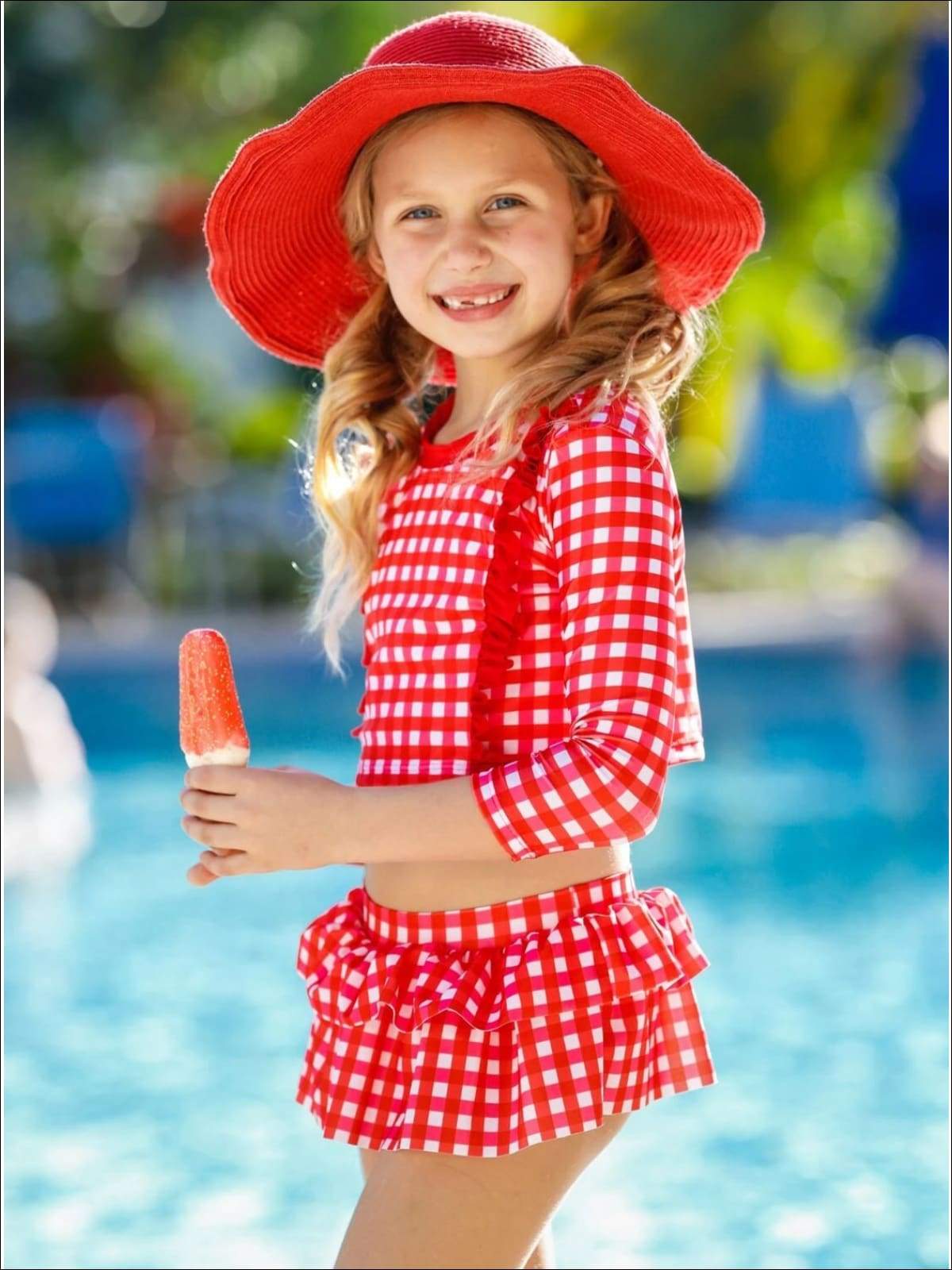 Kids Swimsuits | Girls Plaid Rash Guard Skirted Two Piece Swimsuit