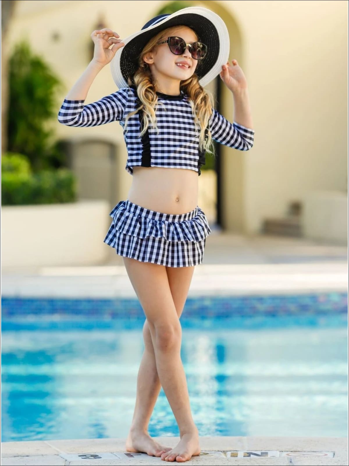 Kids Swimsuits | Girls Plaid Rash Guard Skirted Two Piece Swimsuit