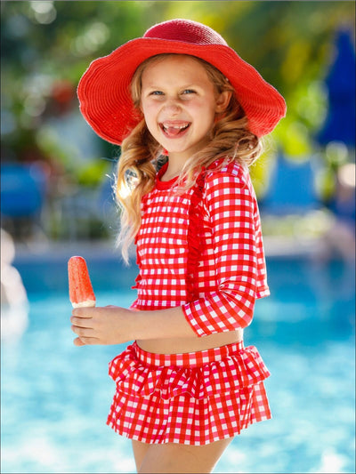 Kids Swimsuits | Girls Plaid Rash Guard Skirted Two Piece Swimsuit