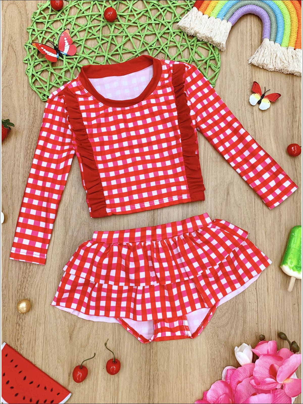 Kids Swimsuits | Girls Plaid Rash Guard Skirted Two Piece Swimsuit