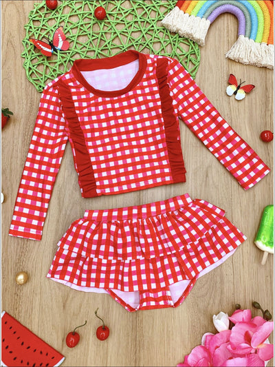 Kids Swimsuits | Girls Plaid Rash Guard Skirted Two Piece Swimsuit