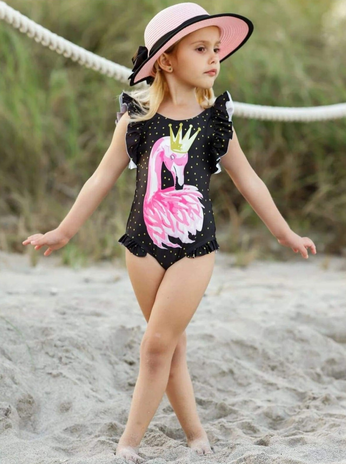 Kids Resort Wear | Girls Flutter Sleeve Flamingo One Piece Swimsuit