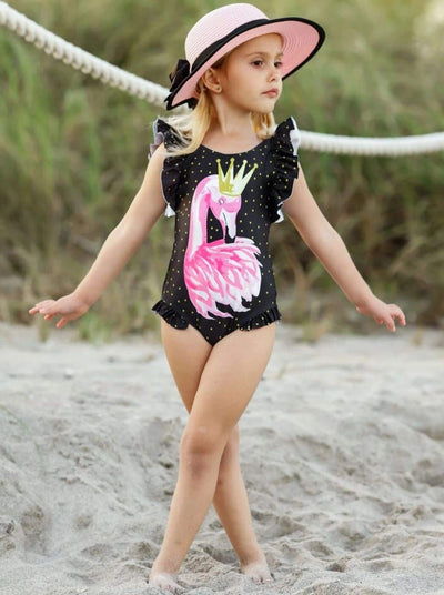Kids Resort Wear | Girls Flutter Sleeve Flamingo One Piece Swimsuit