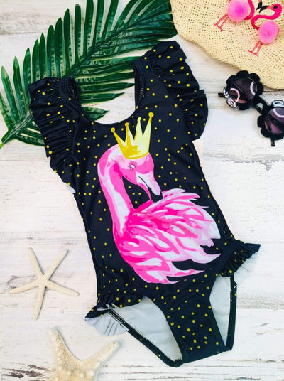 Kids Resort Wear | Girls Flutter Sleeve Flamingo One Piece Swimsuit