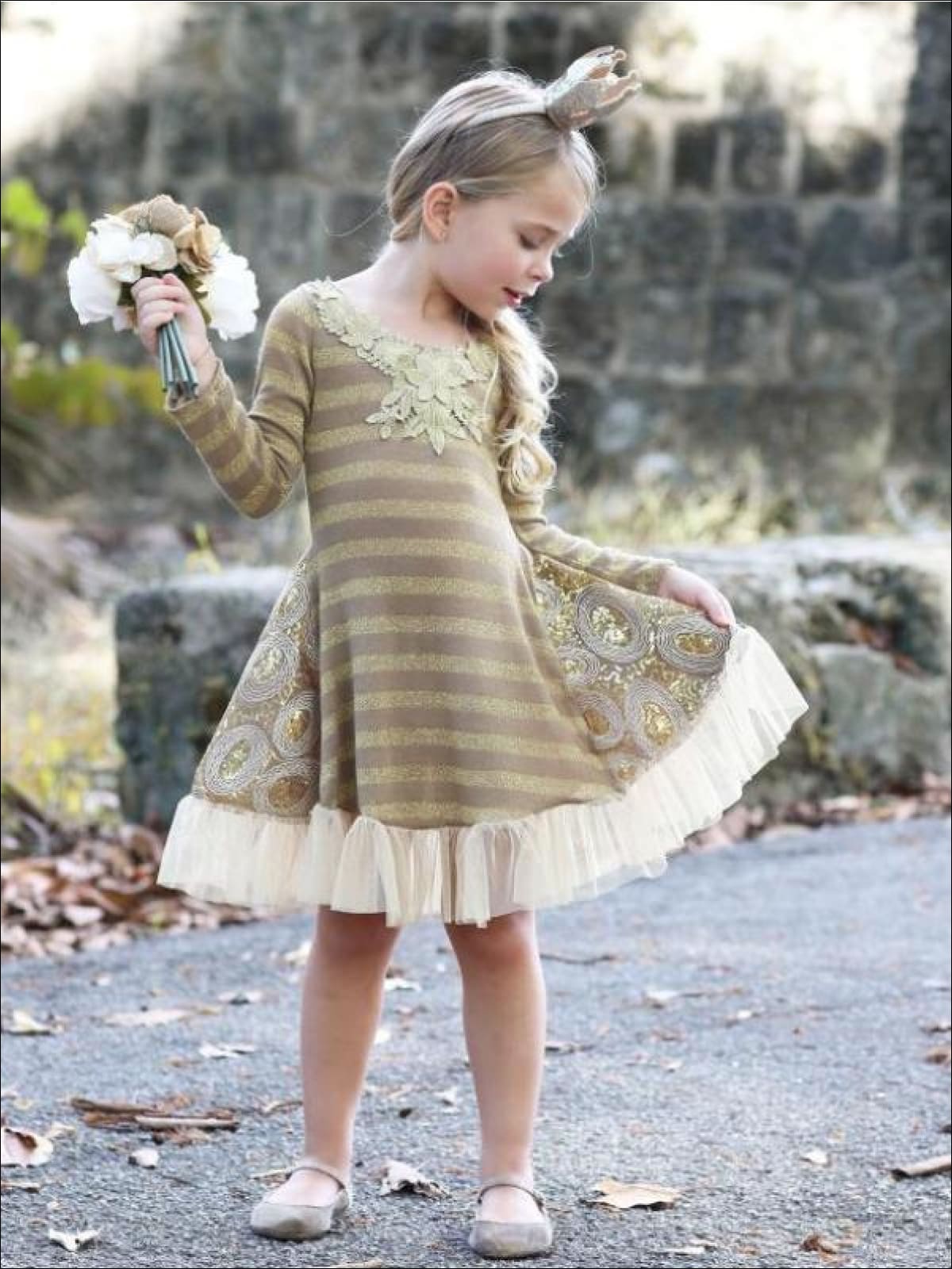 Girls Gold Stripe Long Sleeve Sequin Insert Dress - Girls Fall Dressy Dress