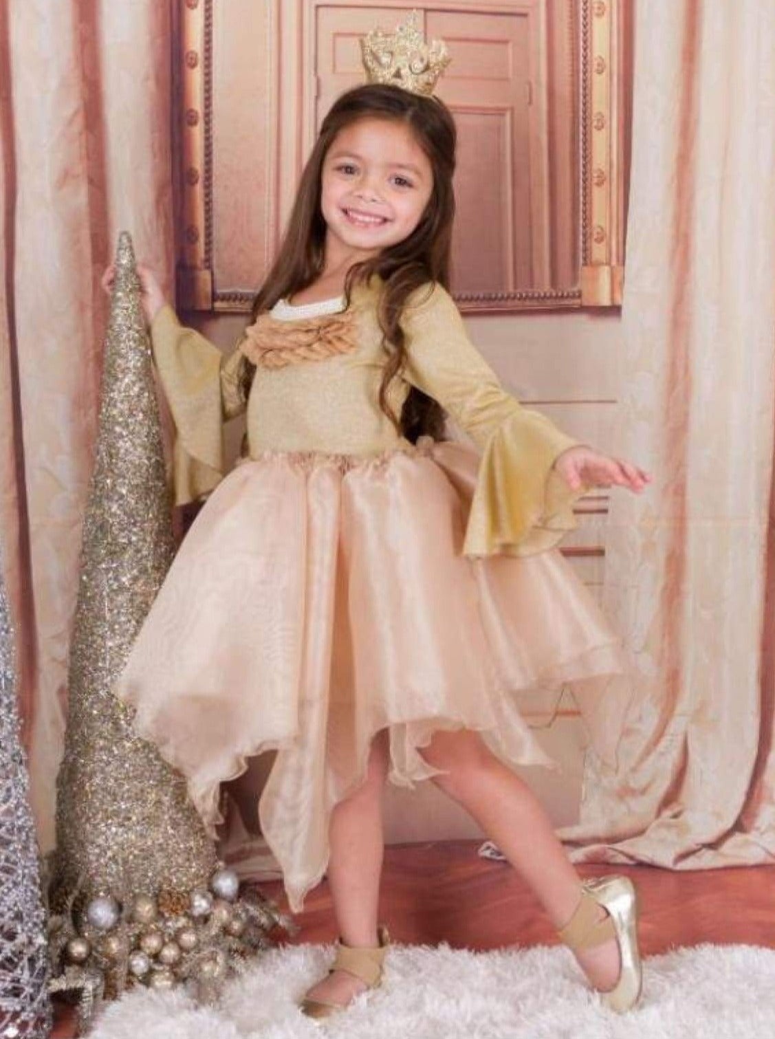 Girls Gold Tutu Princess Dress With Flared Sleeves & Pearl Collar Applique - Girls Fall Dressy Dress