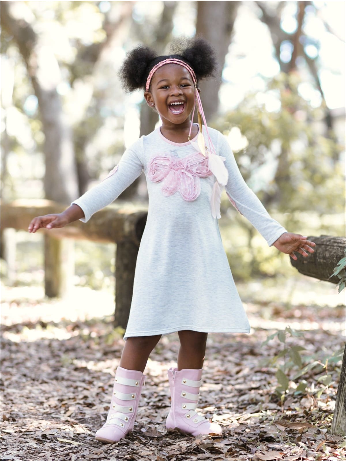 Girls Gray & Pink V Neck A Line Dress with Large Bow Applique - Grey / 2T/3T - Girls Fall Casual Dress