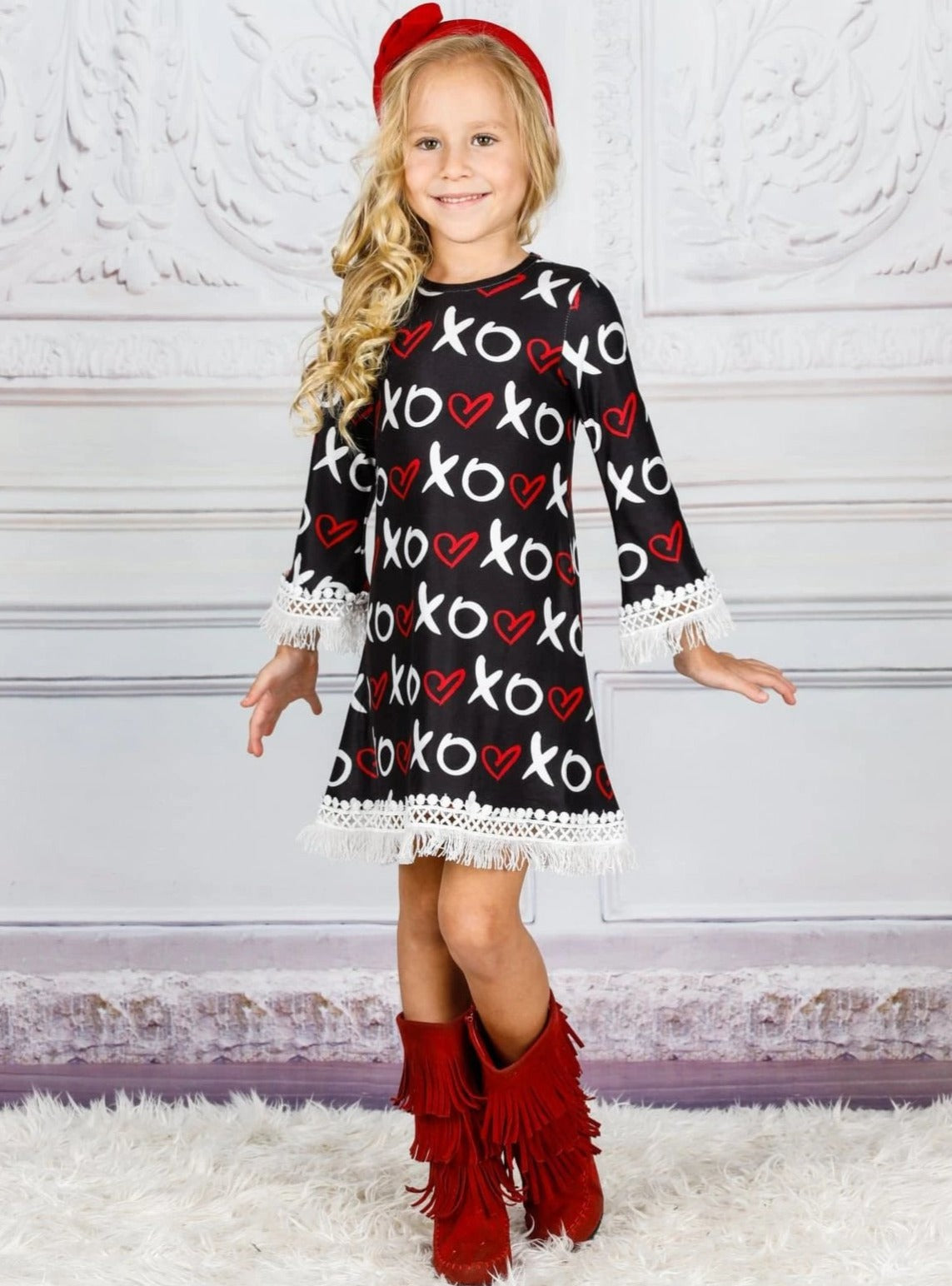 Kids Valentine's Clothes | Girls XO Heart Print Crochet Trim Dress 