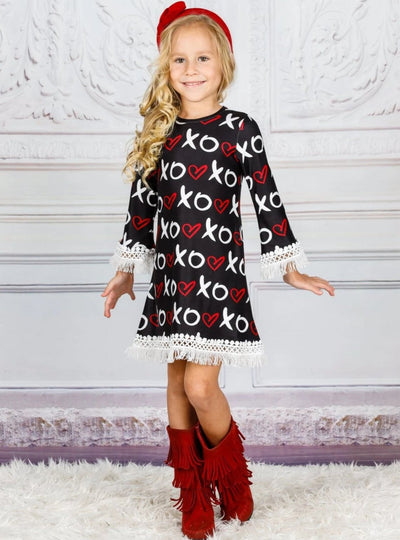 Kids Valentine's Clothes | Girls XO Heart Print Crochet Trim Dress 