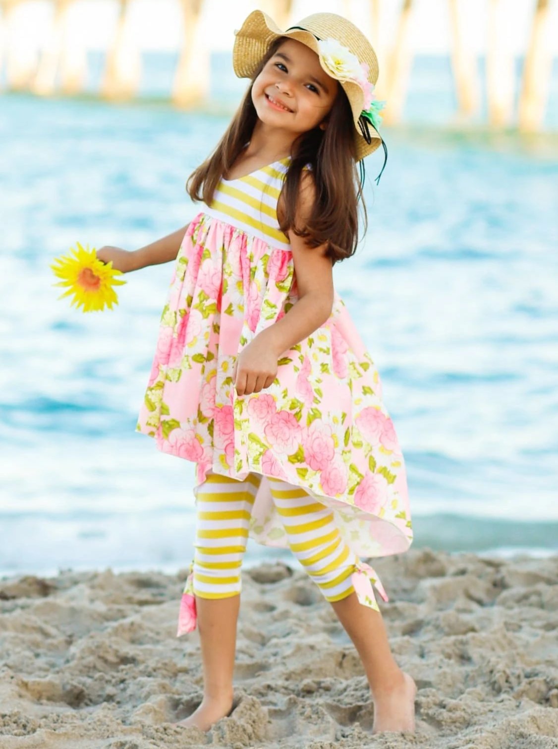 Little Girls Spring Outfit | Floral Hi-Lo Tunic & Striped Legging Set 