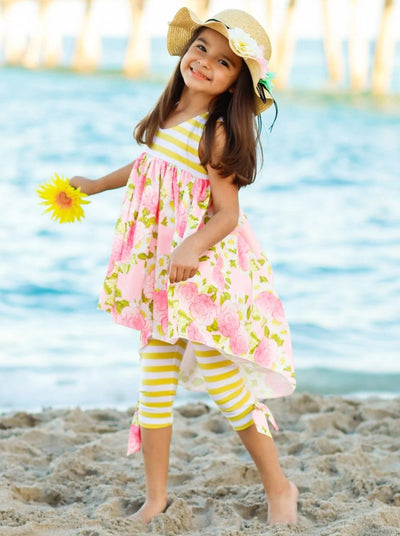 Little Girls Spring Outfit | Floral Hi-Lo Tunic & Striped Legging Set 