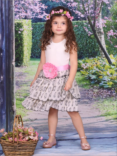 Girls Ivory Tiered Dress with Ballet Shoe Print & Red Sash - Girls Spring Dressy Dress