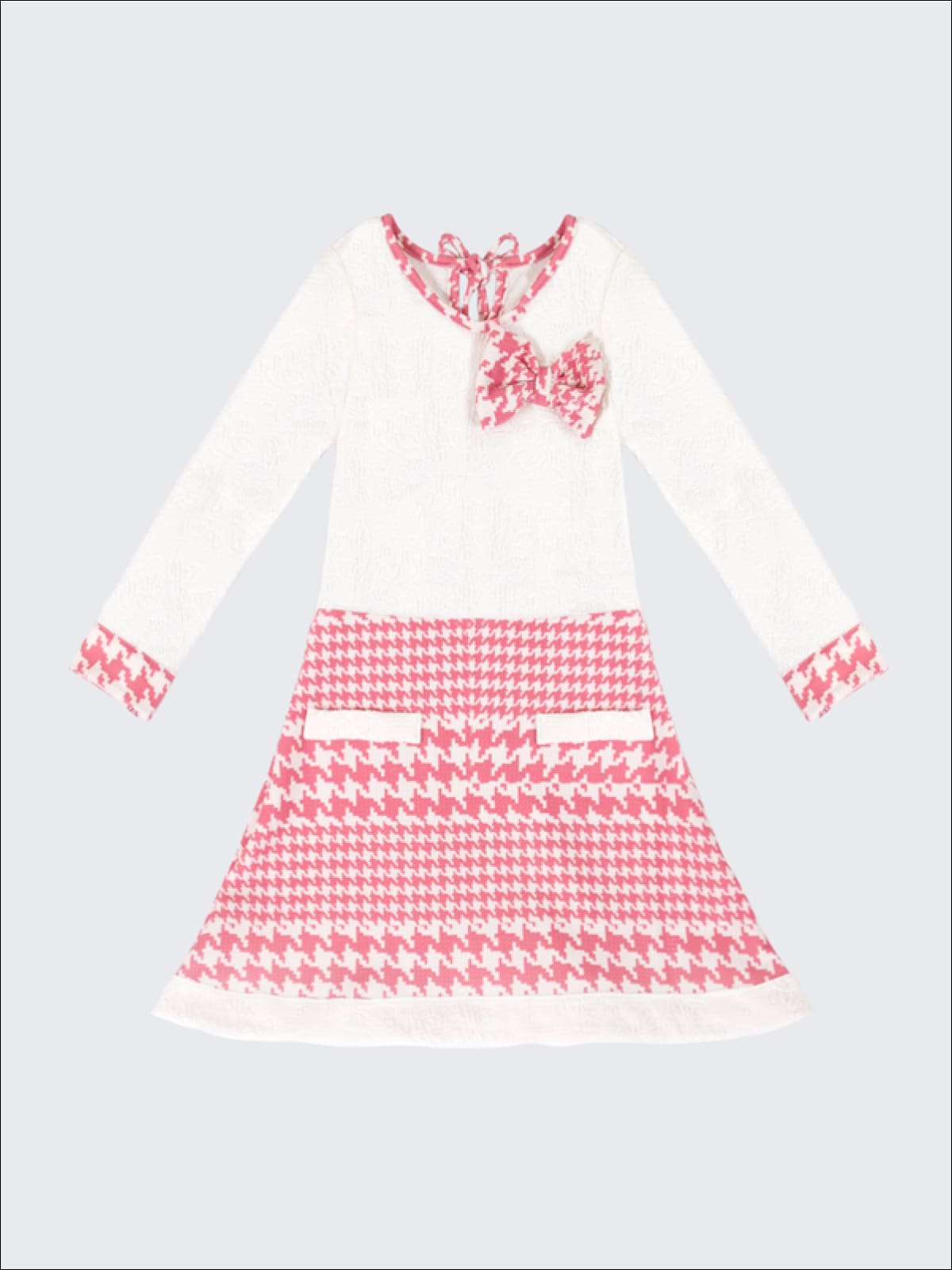 Girls Ivory/Pink A-Line Dress with Faux Pockets - Girls Fall Dressy Dress