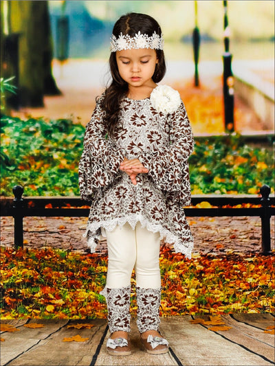 Girls Lace Bell Sleeve Crochet Hem Side Tail Tunic & Cuffed Leggings Set - Girls Fall Casual Set