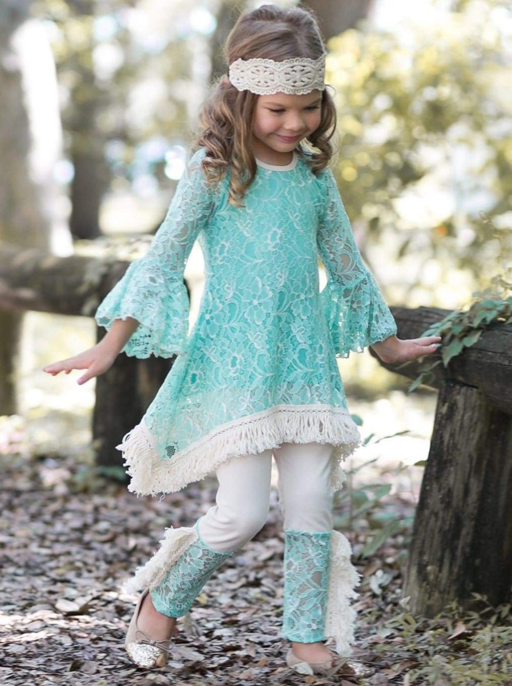 Girls Lace Bell Sleeve Crochet Hem Side Tail Tunic & Cuffed Leggings Set - Girls Fall Casual Set