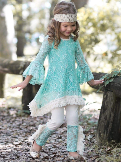 Girls Lace Bell Sleeve Crochet Hem Side Tail Tunic & Cuffed Leggings Set - Girls Fall Casual Set