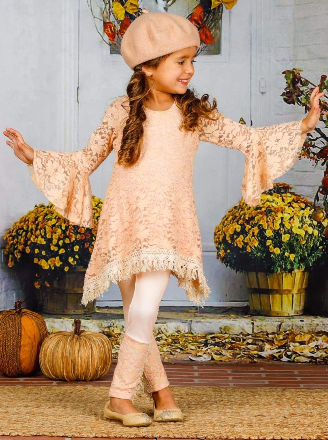 Girls Lace Bell Sleeve Crochet Hem Side Tail Tunic & Cuffed Leggings Set - Girls Fall Casual Set
