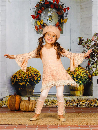 Girls Lace Bell Sleeve Crochet Hem Side Tail Tunic & Cuffed Leggings Set - Girls Fall Casual Set