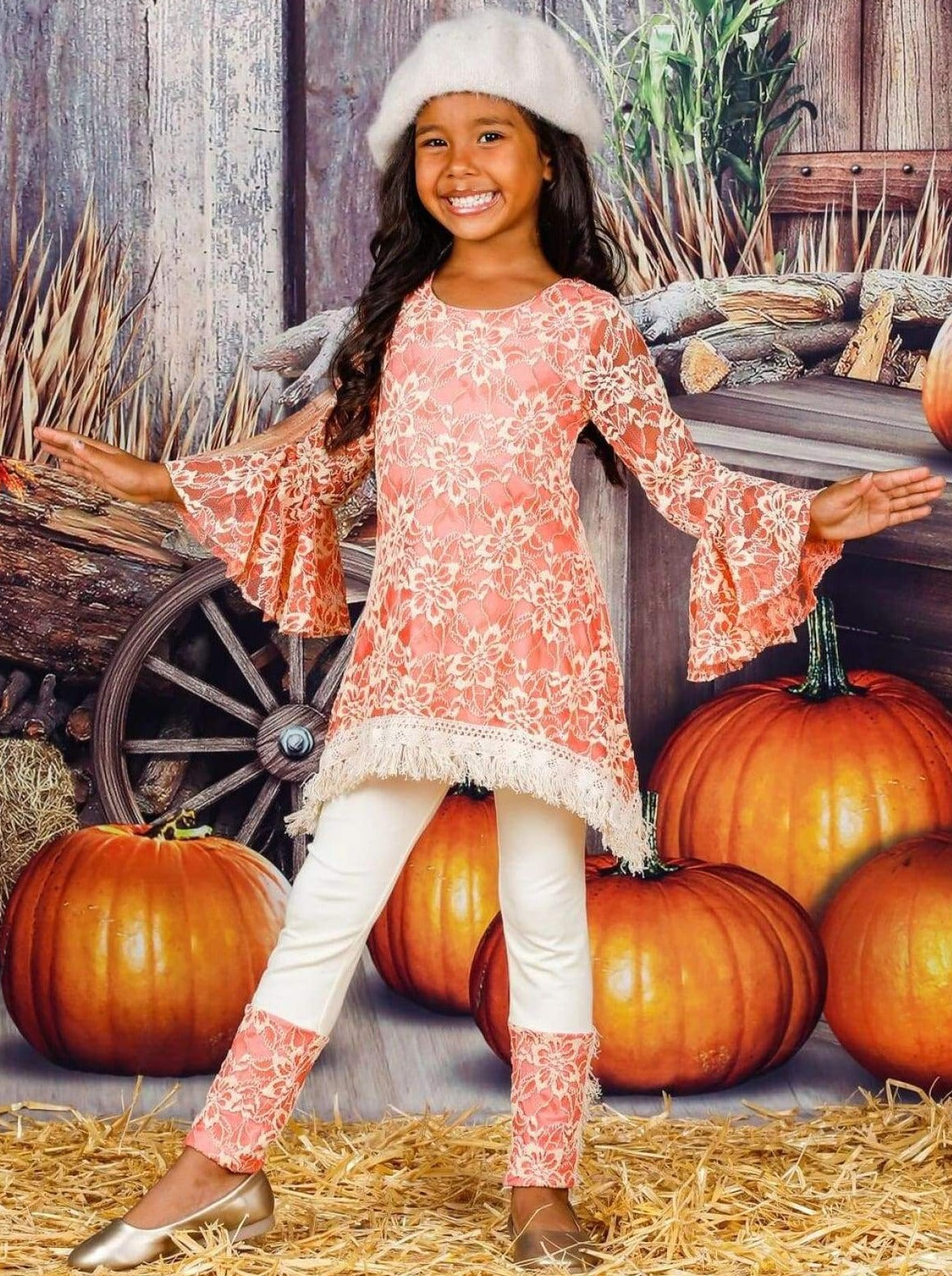 Girls Lace Bell Sleeve Crochet Hem Side Tail Tunic & Cuffed Leggings Set - Girls Fall Casual Set