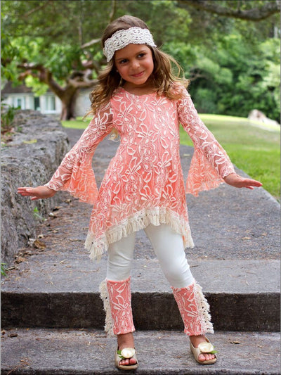 Girls Lace Bell Sleeve Crochet Hem Side Tail Tunic & Cuffed Leggings Set - Girls Fall Casual Set