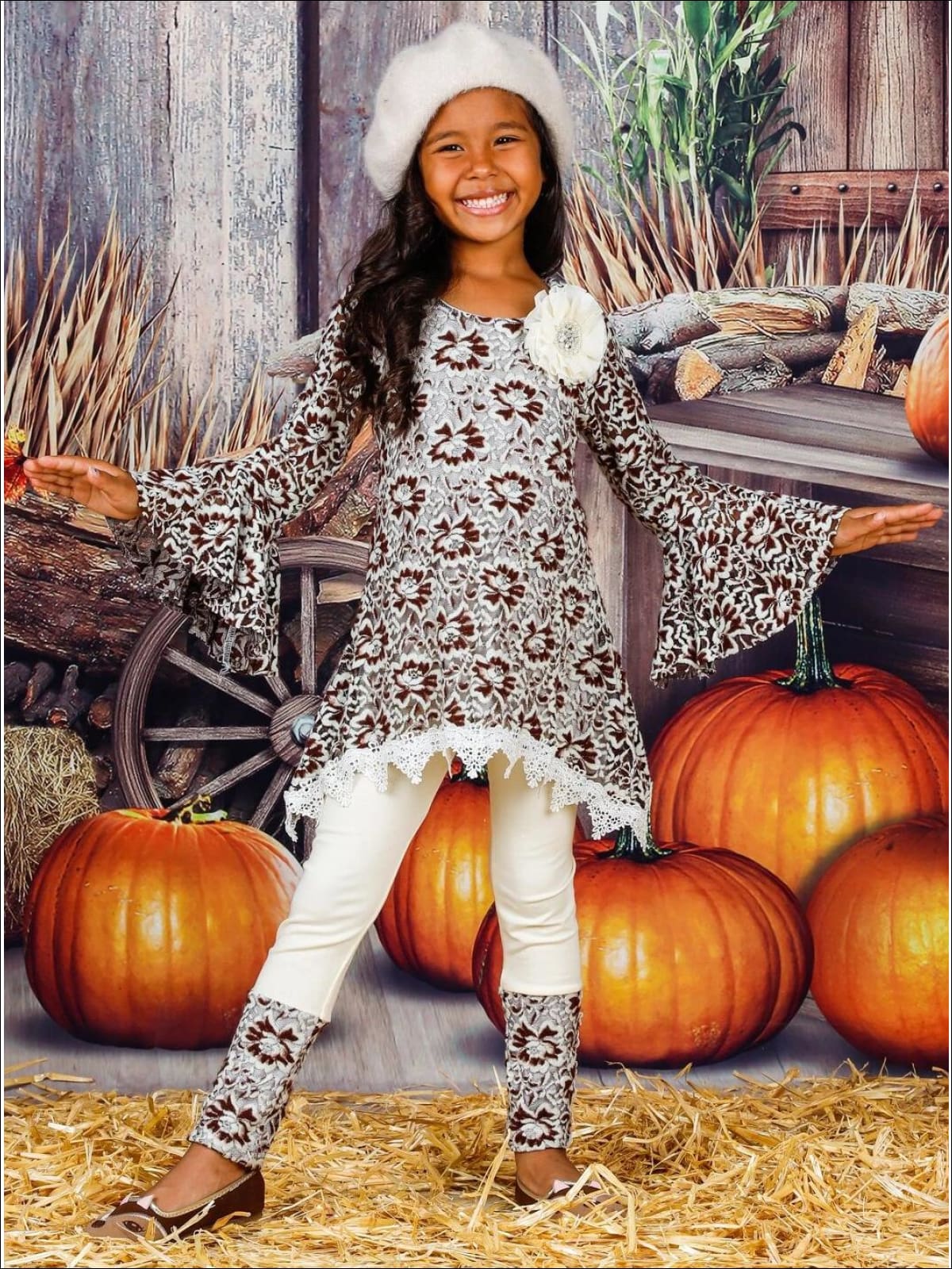 Girls Lace Bell Sleeve Crochet Hem Side Tail Tunic & Cuffed Leggings Set - Girls Fall Casual Set