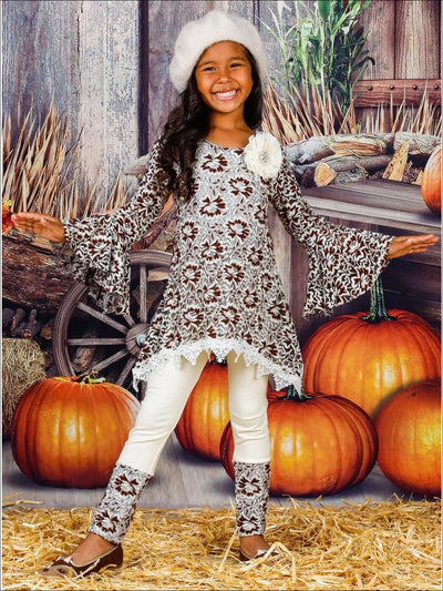 Girls Lace Bell Sleeve Crochet Hem Side Tail Tunic & Cuffed Leggings Set - Girls Fall Casual Set