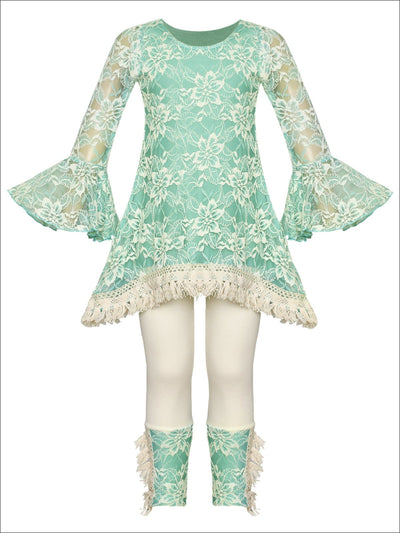 Girls Lace Bell Sleeve Crochet Hem Side Tail Tunic & Cuffed Leggings Set - Mint / 2T/3T - Girls Fall Casual Set