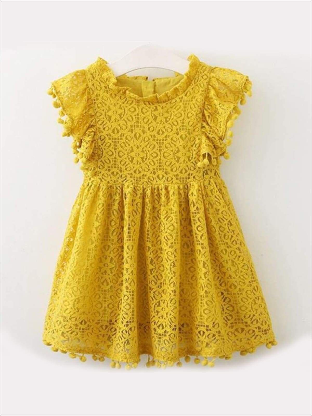 Girls Lace Flutter Sleeve Pom Pom Dress - Girls Spring Casual Dress