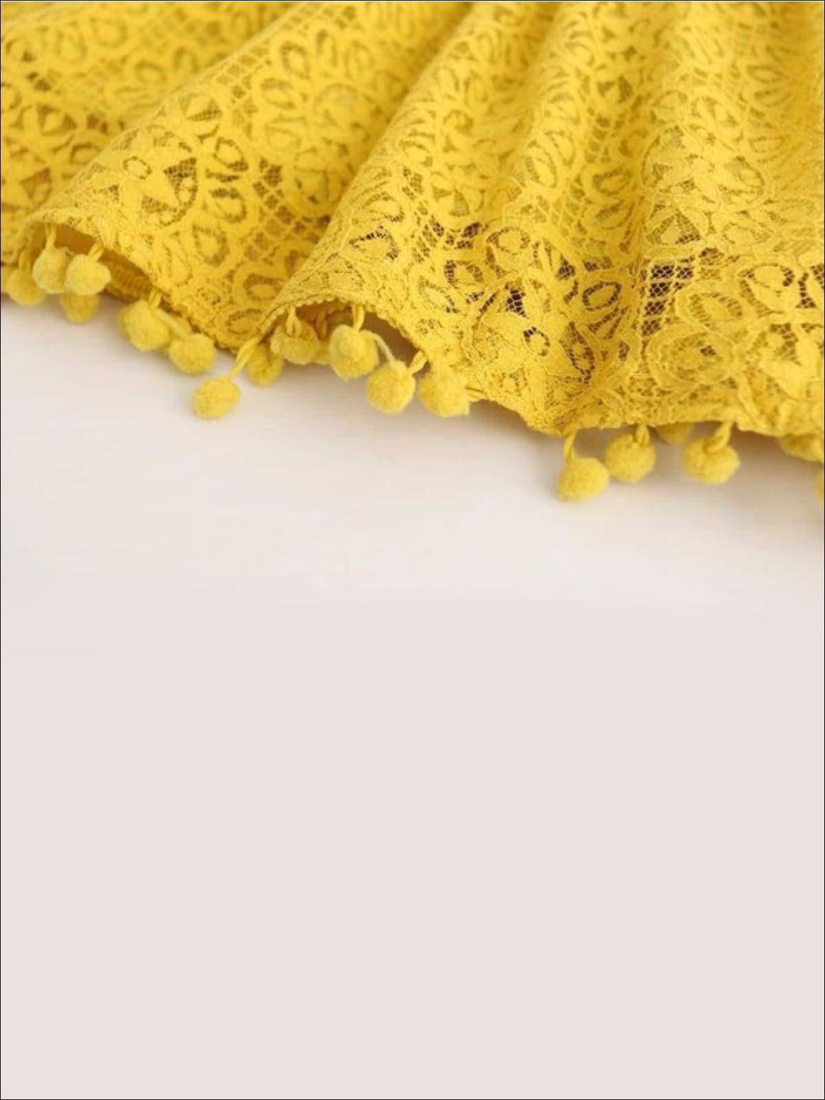 Girls Lace Flutter Sleeve Pom Pom Dress - Girls Spring Casual Dress