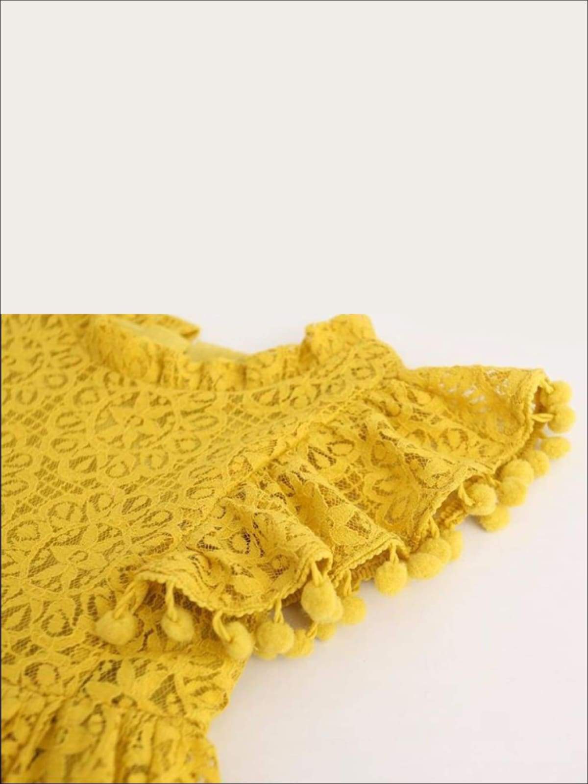 Girls Lace Flutter Sleeve Pom Pom Dress - Girls Spring Casual Dress