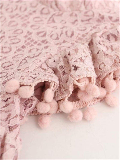 Girls Lace Flutter Sleeve Pom Pom Dress - Girls Spring Casual Dress