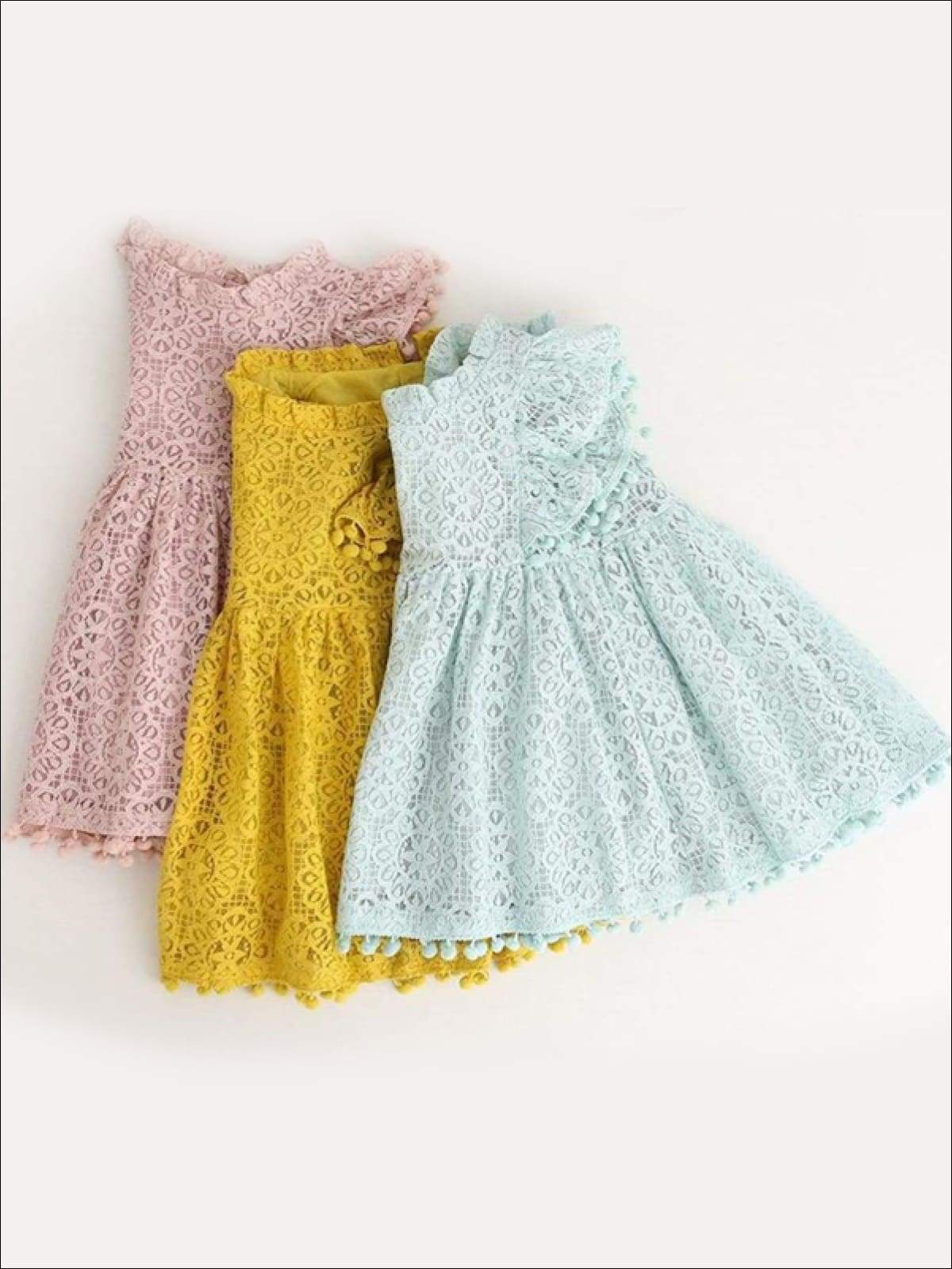 Girls Lace Flutter Sleeve Pom Pom Dress - Girls Spring Casual Dress
