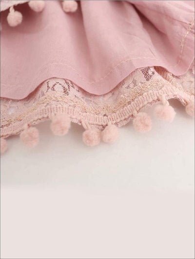 Girls Lace Flutter Sleeve Pom Pom Dress - Girls Spring Casual Dress