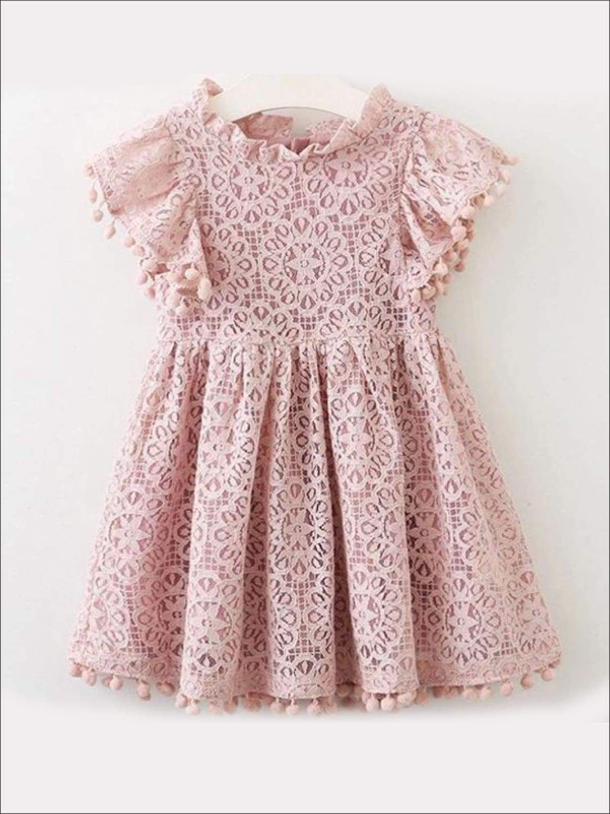 Girls Lace Flutter Sleeve Pom Pom Dress - Girls Spring Casual Dress