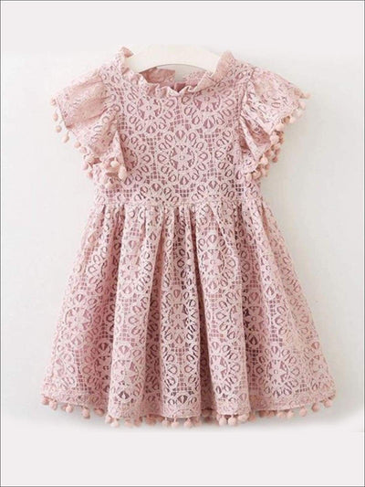 Girls Lace Flutter Sleeve Pom Pom Dress - Girls Spring Casual Dress