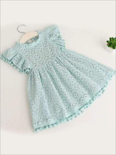 Girls Lace Flutter Sleeve Pom Pom Dress - green / 2T - Girls Spring Casual Dress