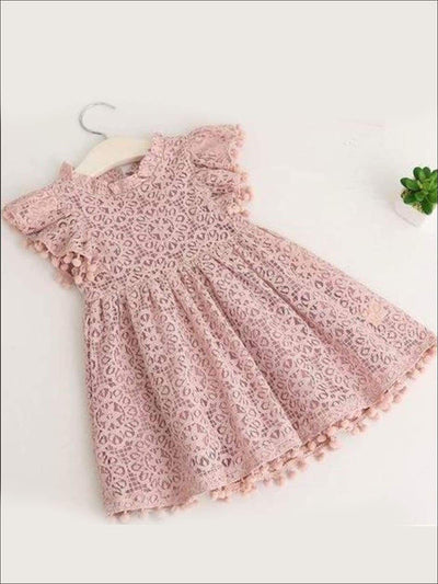 Girls Lace Flutter Sleeve Pom Pom Dress - pink / 2T - Girls Spring Casual Dress