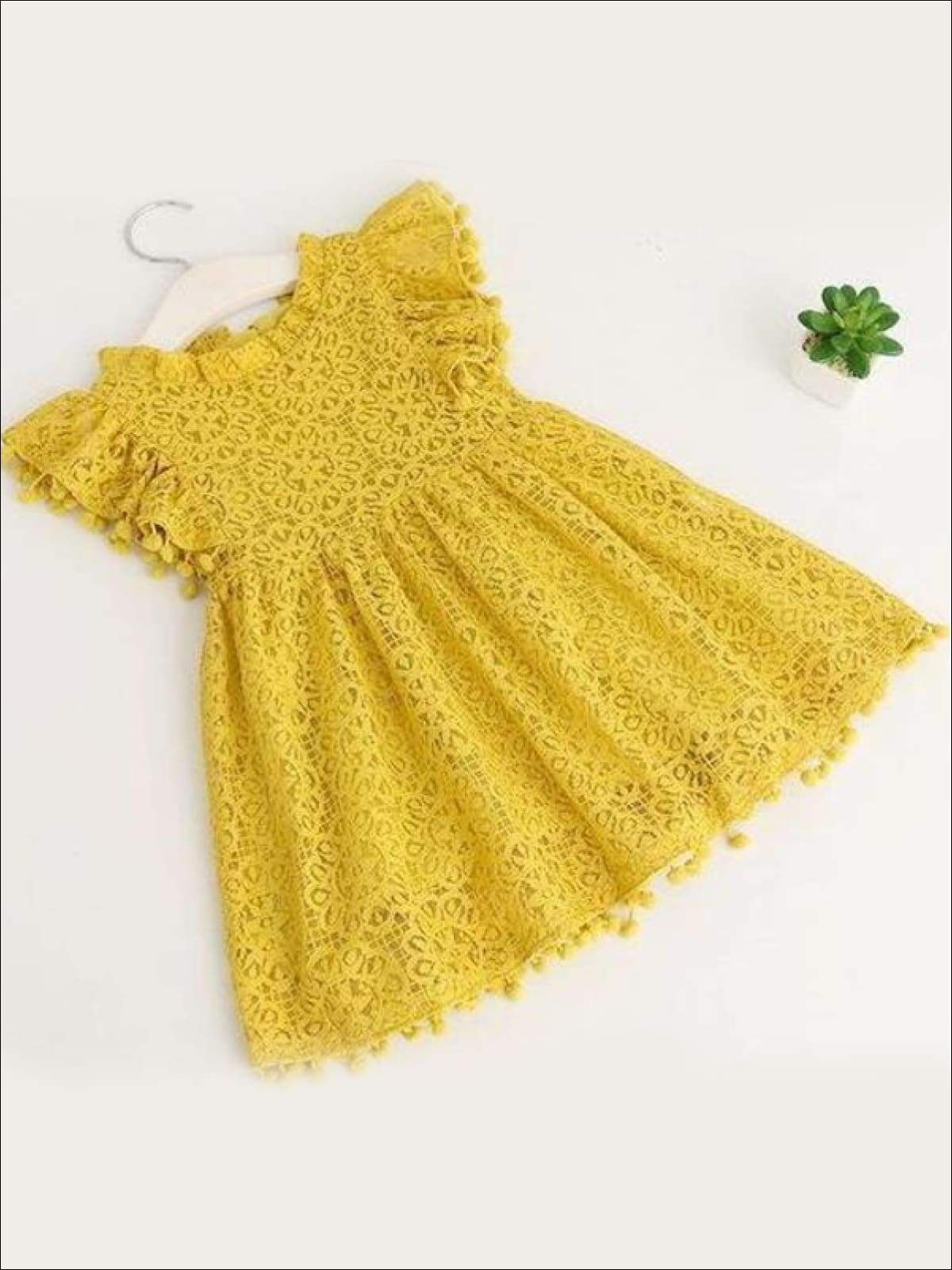 Girls Lace Flutter Sleeve Pom Pom Dress - yellow / 2T - Girls Spring Casual Dress
