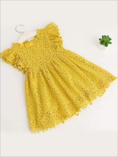 Girls Lace Flutter Sleeve Pom Pom Dress - yellow / 2T - Girls Spring Casual Dress