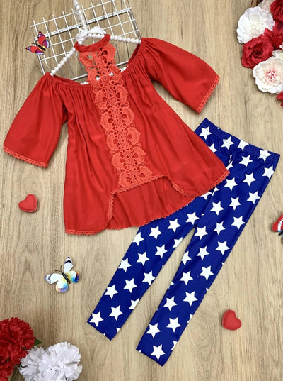 Cute Toddler Outfit | Girls Lace Halter Neck Tunic & Star Leggings Set