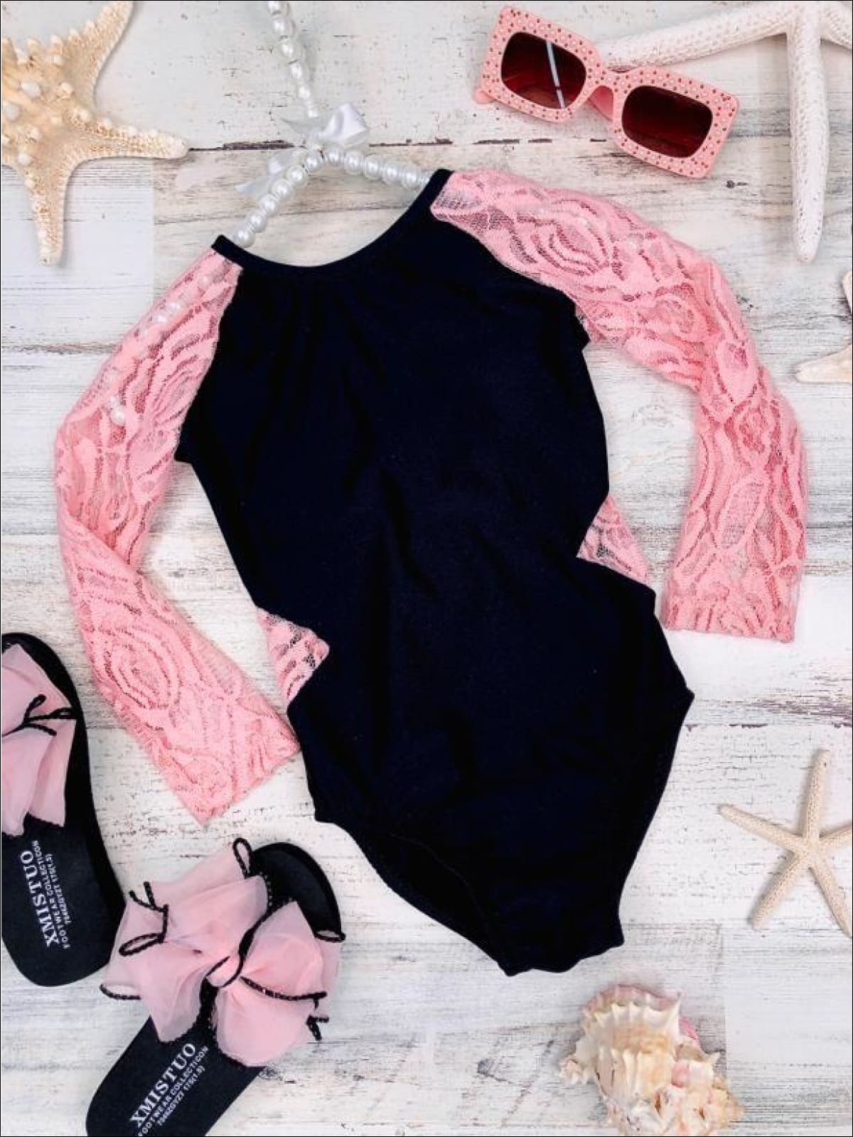 Girls Lace Insert Rash Guard One Piece Swimsuit - Black / 2T/3T - Girls One Piece Swimsuit