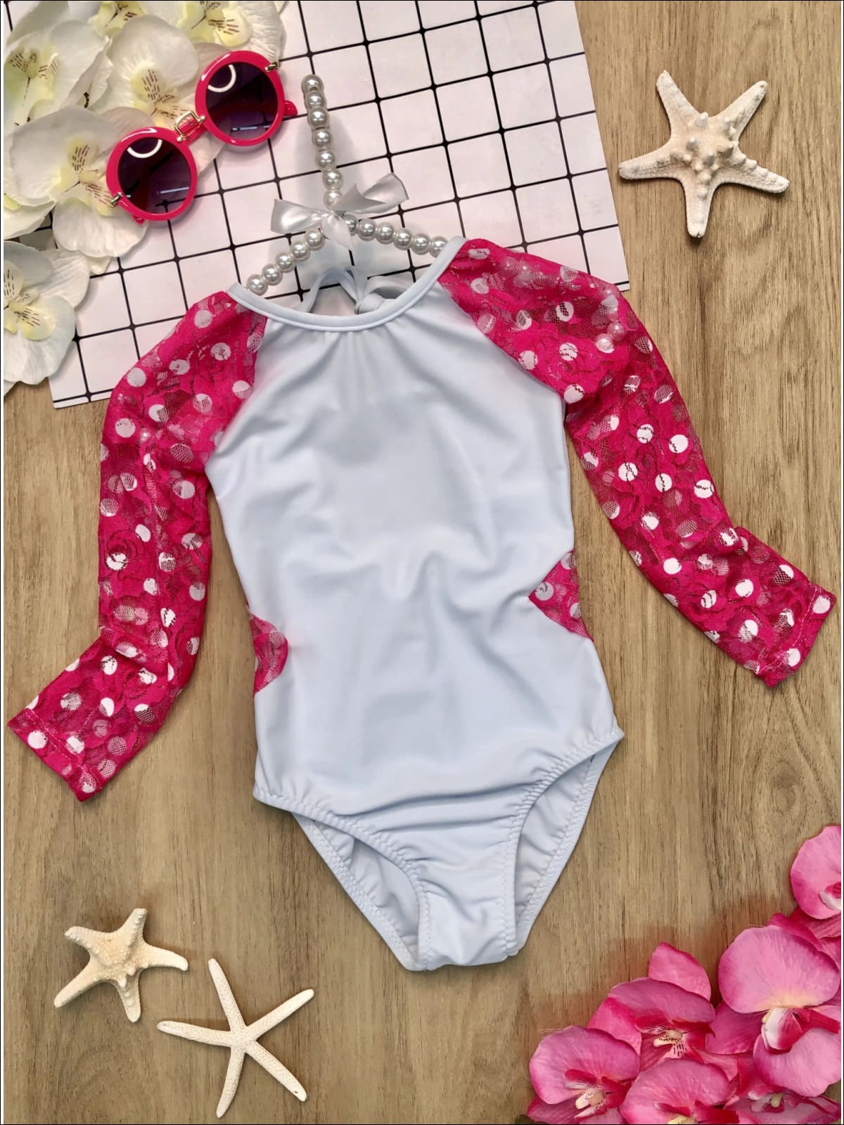 Girls Lace Insert Rash Guard One Piece Swimsuit - Fuchsia / 2T/3T - Girls One Piece Swimsuit