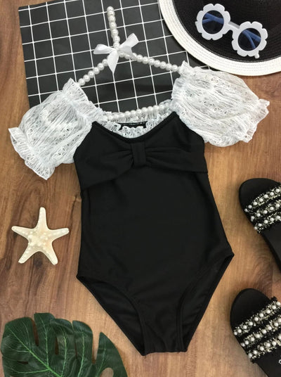  Kids Resort Wear | Girls Lace Scrunch Sleeve Bow One Piece Swimsuit