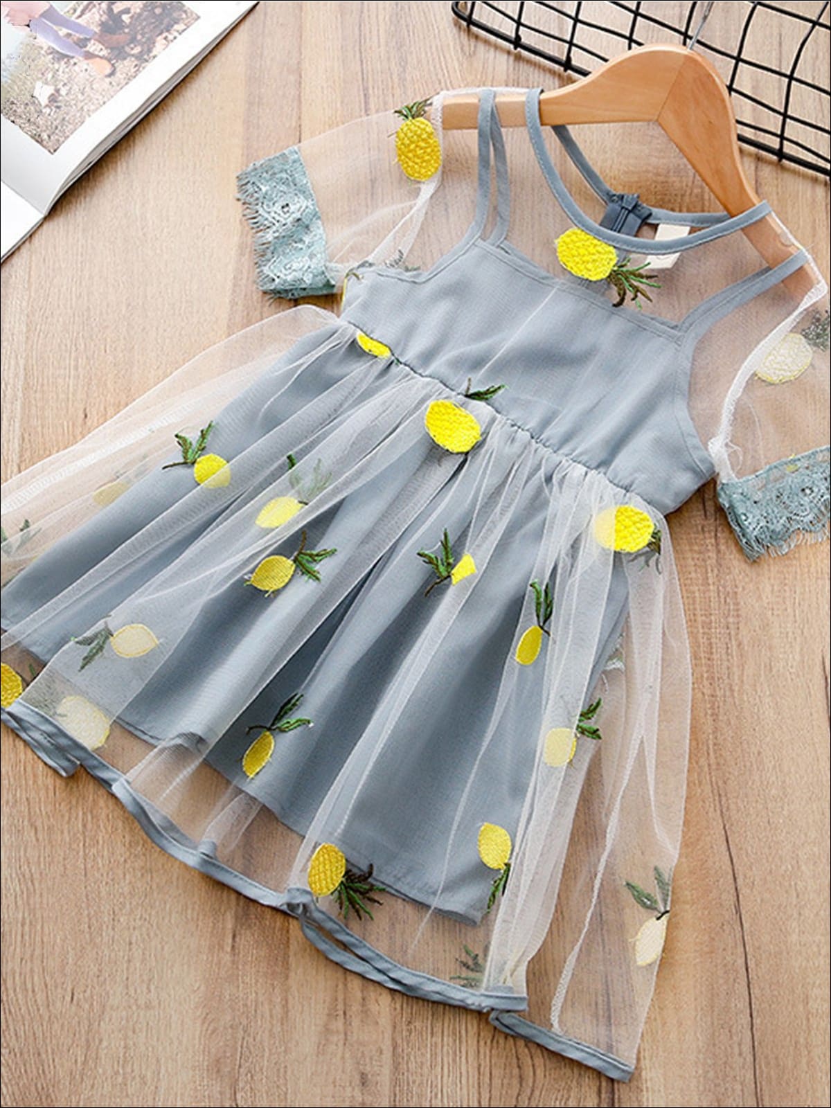Girls Spring Dresses | Lace Trim Pineapple Embroidered Tulle Dress