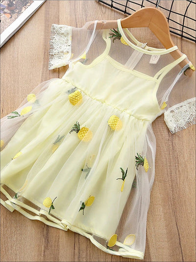 Girls Spring Dresses | Lace Trim Pineapple Embroidered Tulle Dress