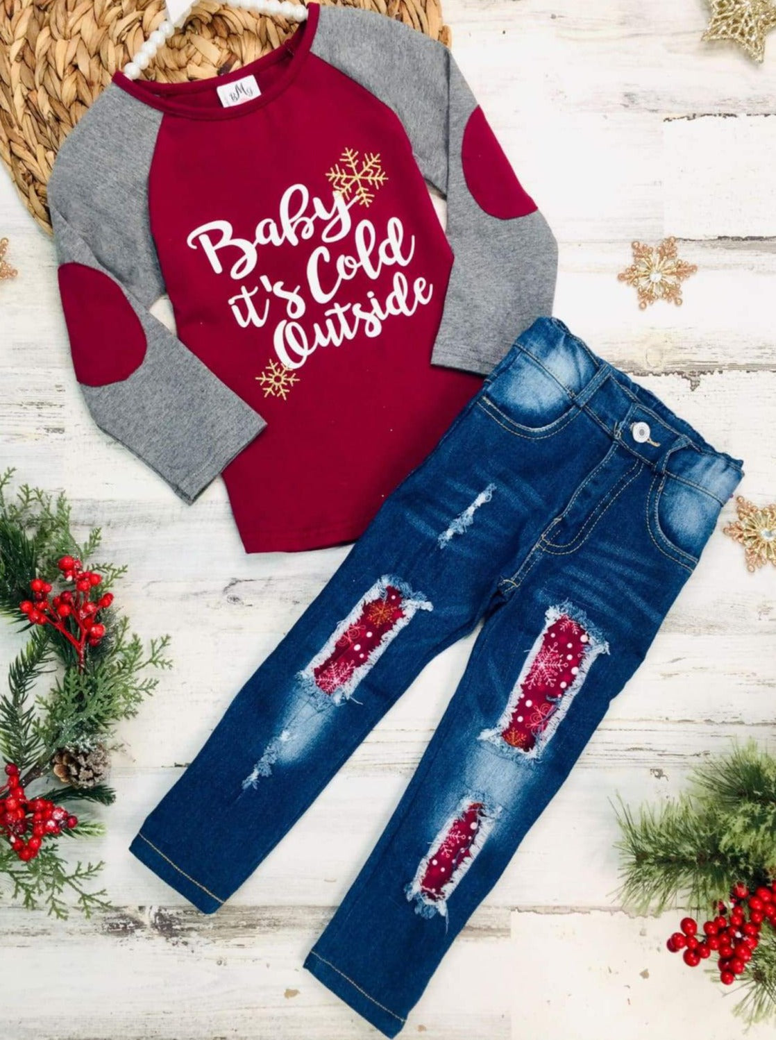 Cute Winter Sets | Baby It's Cold Outside Patched Top and Jeans Set 