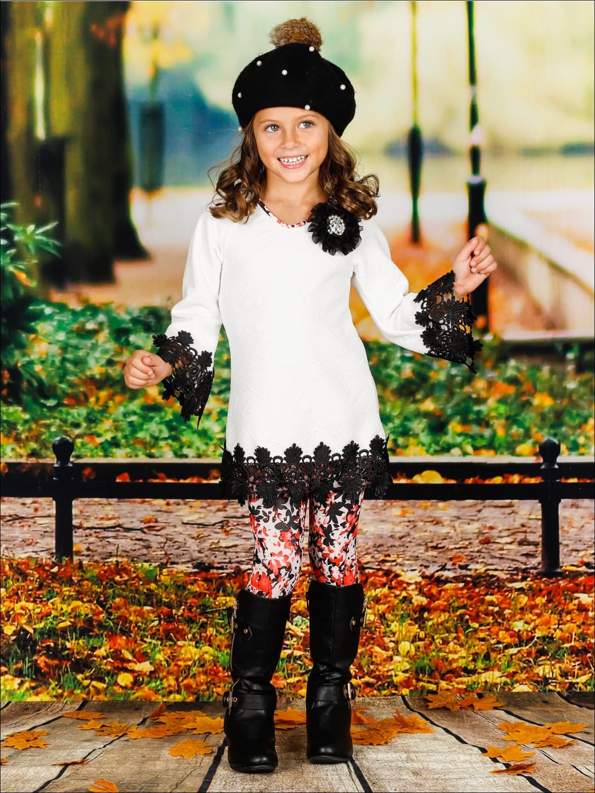 Girls Long Sleeve Crochet Trimmed Tunic & Matching Leggings Set - Girls Fall Casual Set