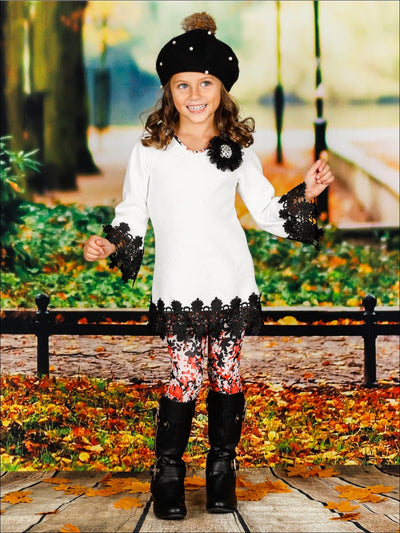 Girls Long Sleeve Crochet Trimmed Tunic & Matching Leggings Set - Girls Fall Casual Set